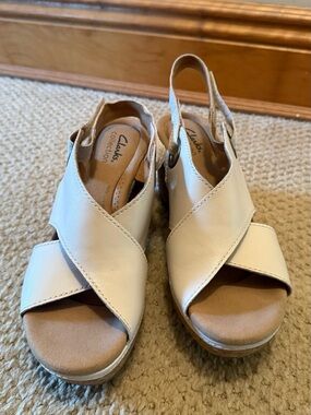 Clarks Cream Leather Slingback Wedge Sandals